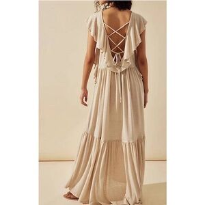 Free People Beach Terrazo Linen Blend Ruffle Back Lace Up Maxi Dress Size Medium